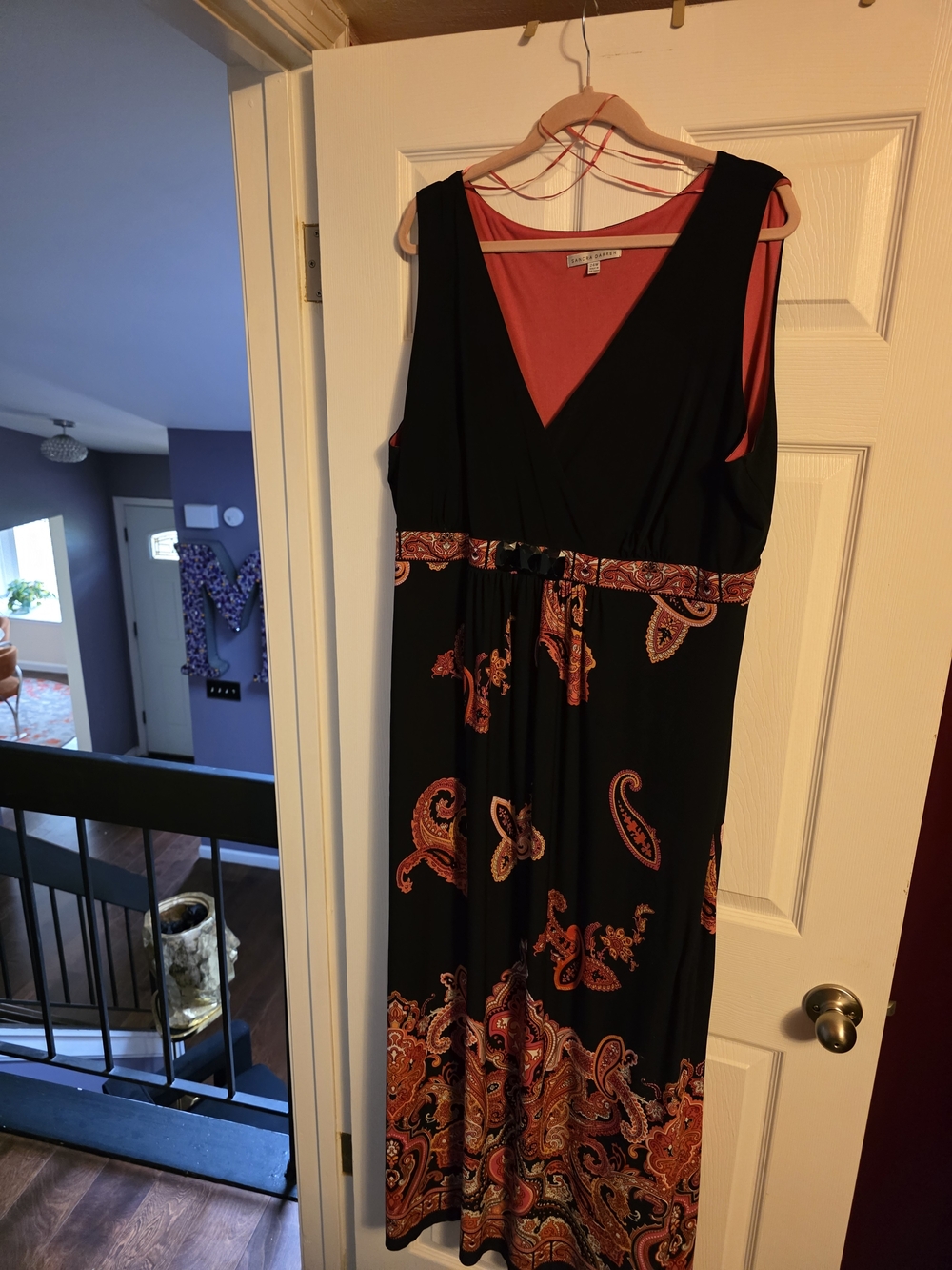 Sandra Darren Black Maxi Dress with Coral Paisley Accents